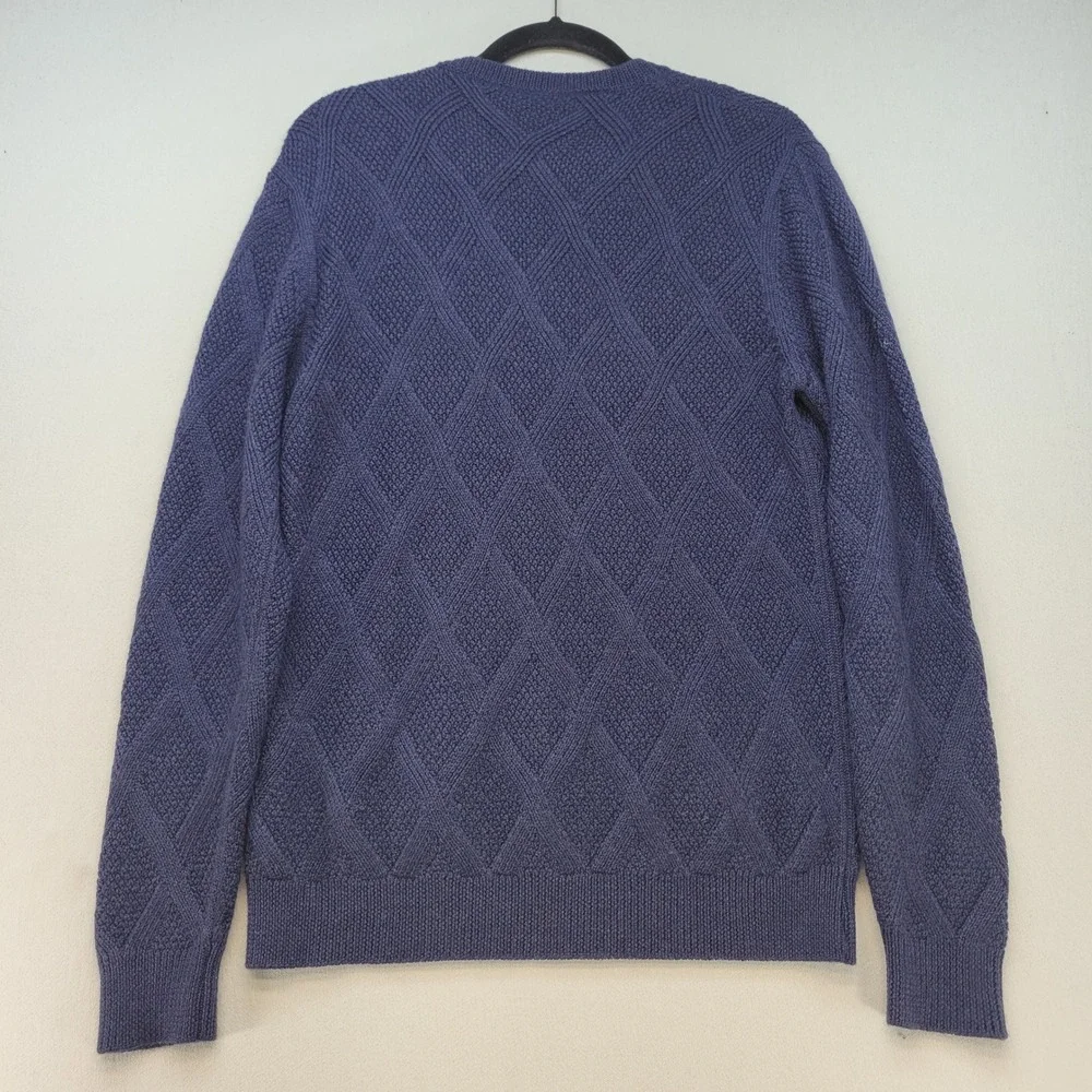 Saks Fifth Ave V-Neck Sweater Mens Medium Blue Italy 100% Wool Diamond Knit